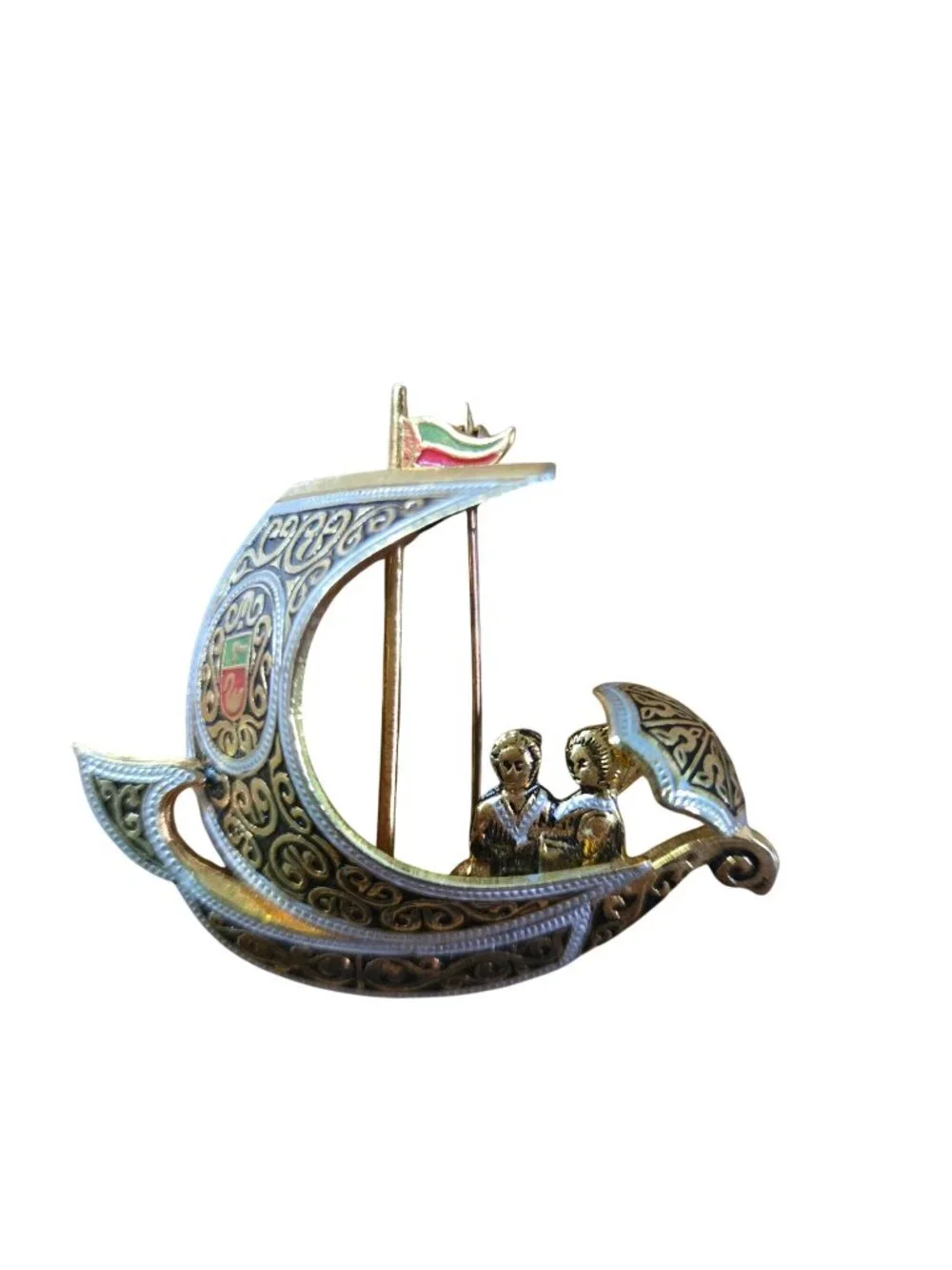Vintage Damascene Spanish Sailboat Brooch Romantic Couple Beneath Parasol